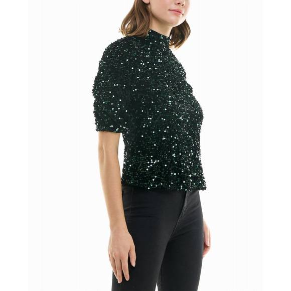 NEW NICOLE MILLER ava velvet sequin short sleeve top in emerald - Picture 3 of 3